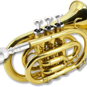 Alimson Brass Pocket Trumpet Bb Key Nickel Plated with Mouthpiece 7C, Cleaning Kit, Carrying Case, Gloves for Beginners/Students (Golde
