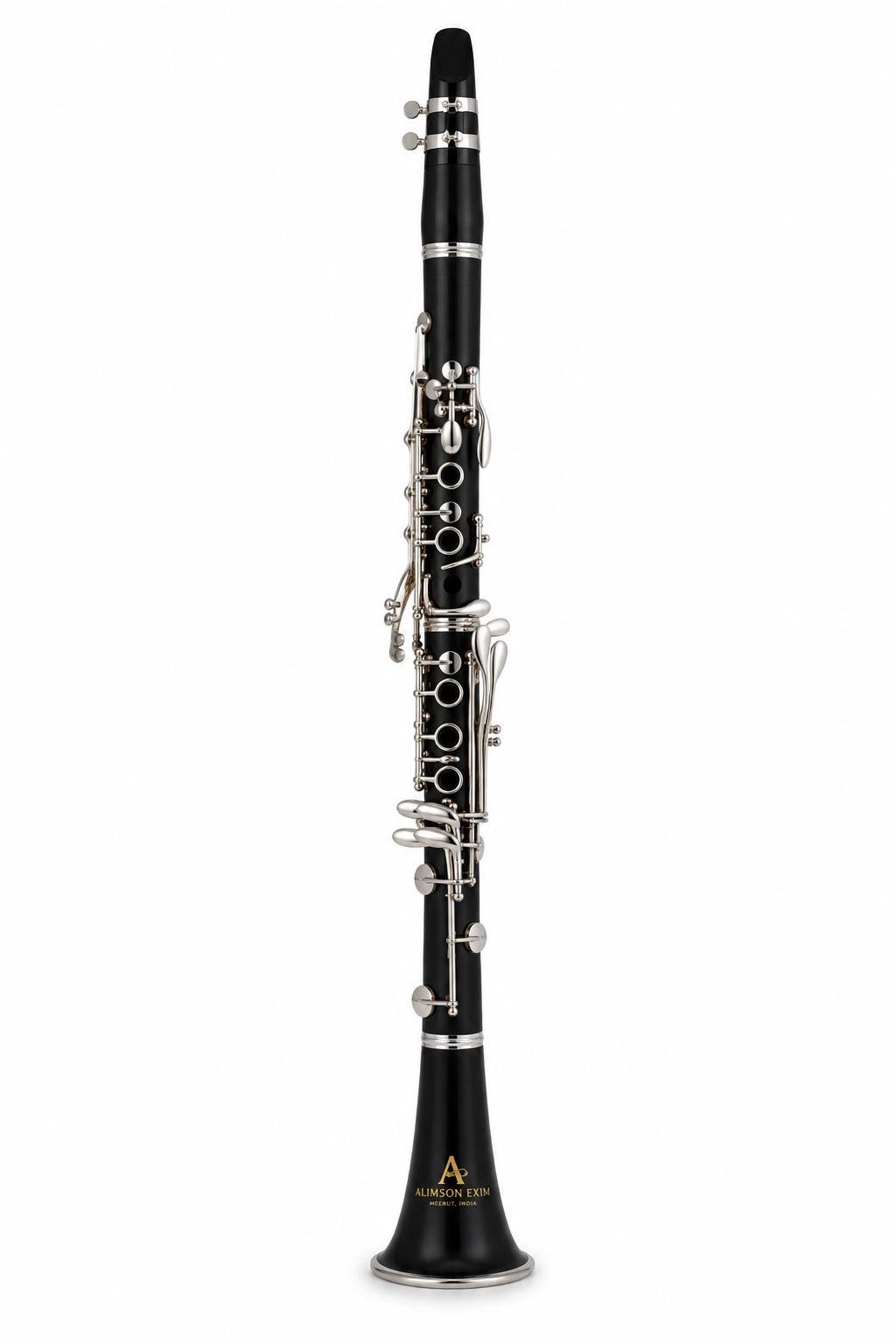 Professional black clarinet musical instrument by ALIMSON EXIM, Meerut India, standing on white background