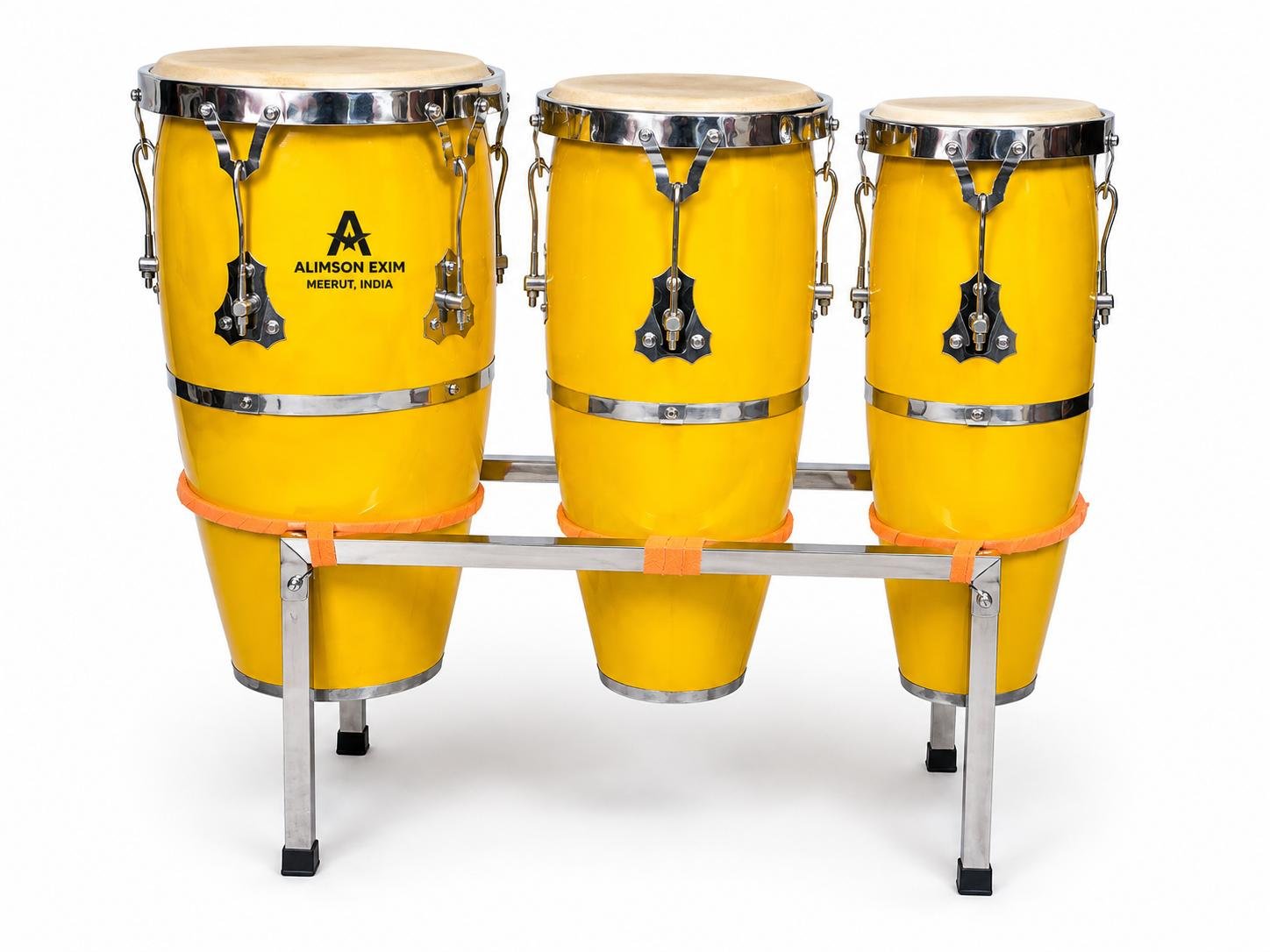 ALIMSON EXIM yellow 3-piece conga drum set with chrome hardware and stand